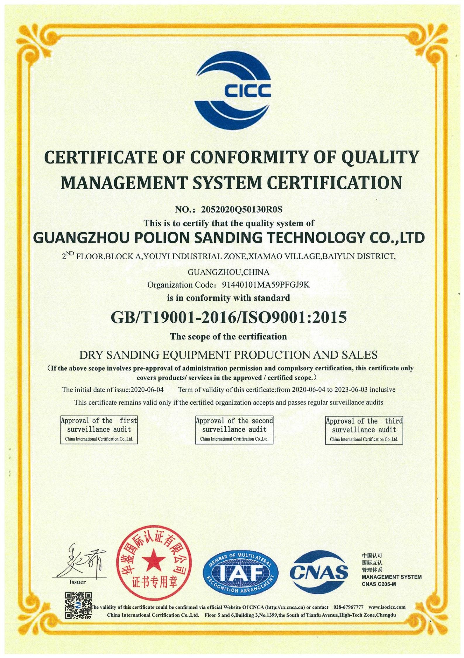Κίνα Polion Sanding Technology Co., LTD Πιστοποιήσεις